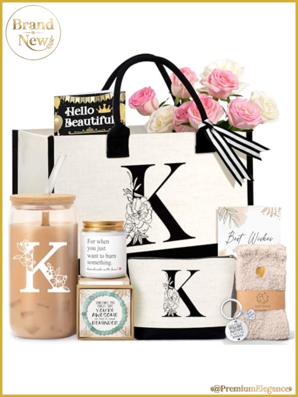 Monogrammed Canvas Tote Bag Gift Set with Cosmetic Bag, Cup, Candle, Bracelet,